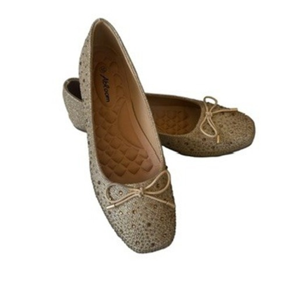 Abloom Gold Rhinestone Ballet Flats Glitter Square Toe Bow Women Size 36 US 6.5